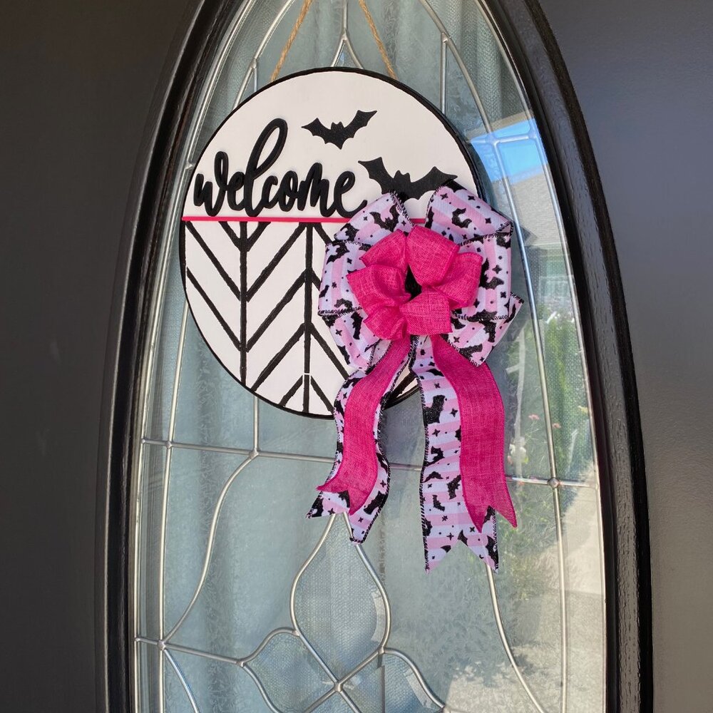 Halloween Bats "Pinkoween" Door Hanger - Welcome Sign, Black, White, Pink